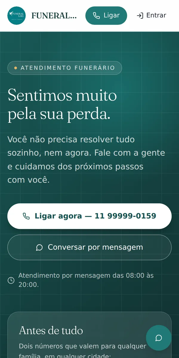 Página da família no celular, com o botão para ligar e para conversar por mensagem