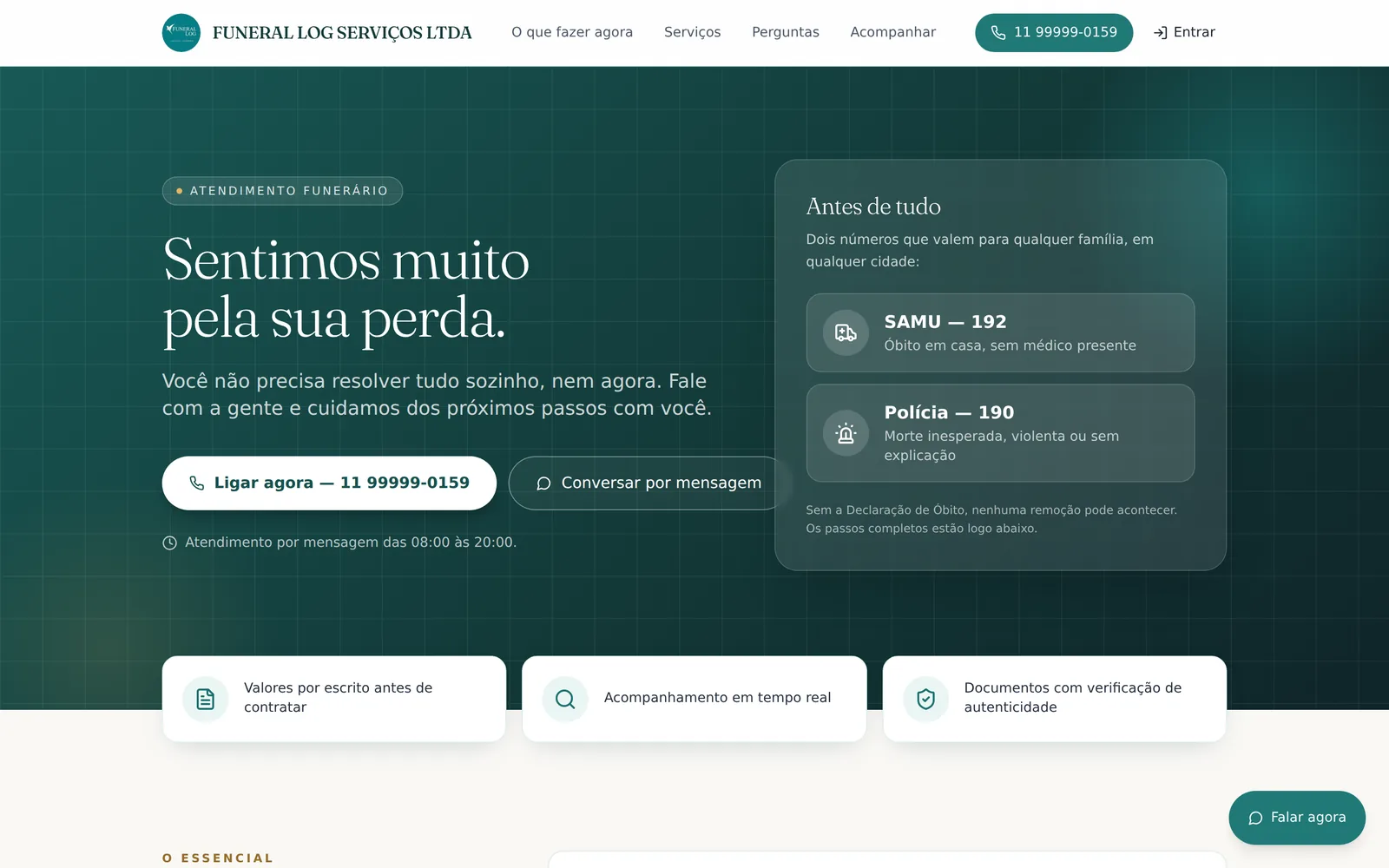 Página de atendimento de uma funerária no FuneralLog, com os primeiros passos para a família e os telefones de emergência