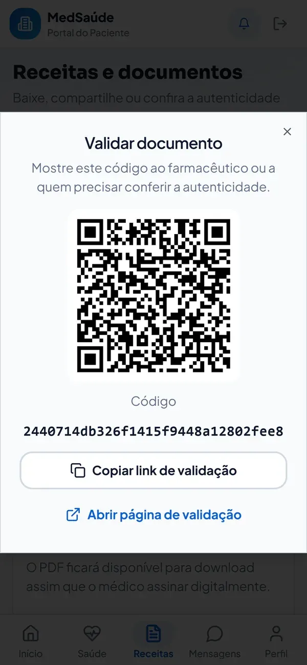 QR de validação de documento no aplicativo do paciente