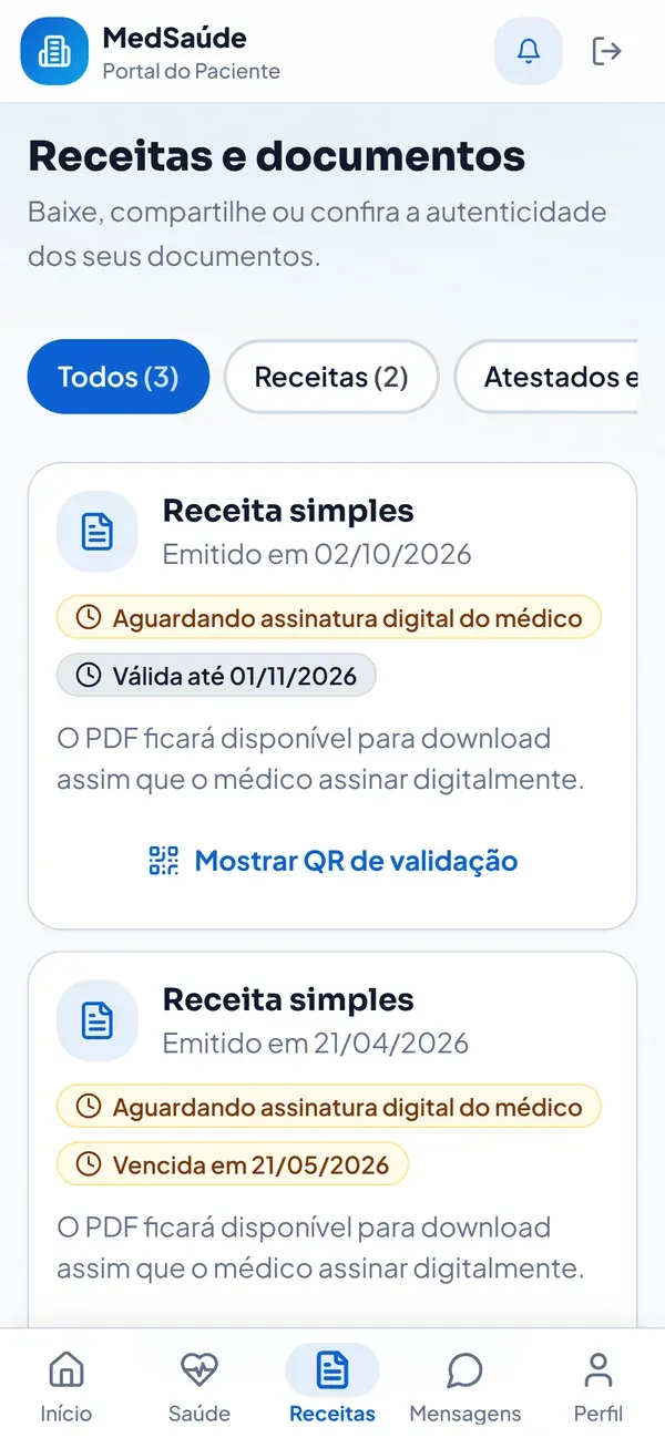 Receitas e documentos no aplicativo do paciente
