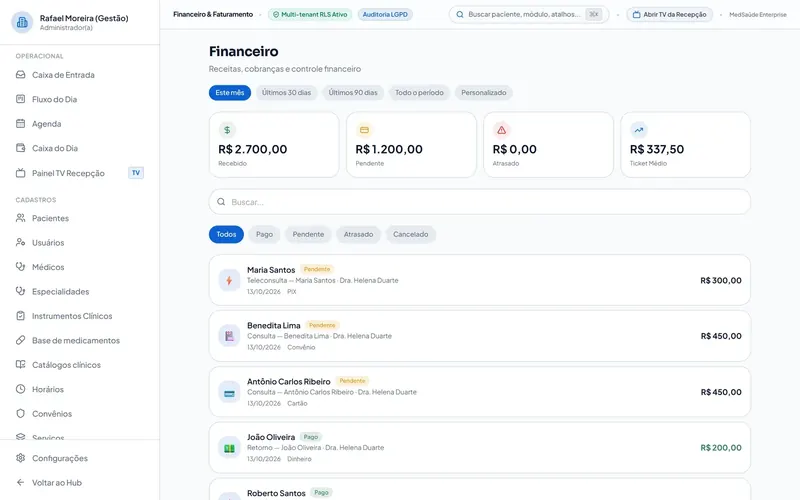 Financeiro do MedSaúde com caixa e convênios
