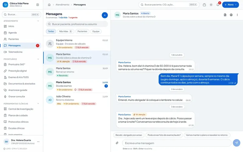 Mensagens entre clínica e paciente no MedSaúde