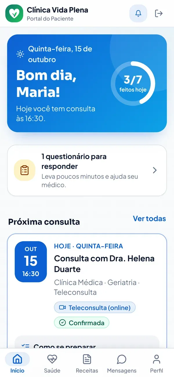 Portal do paciente com a identidade azul
