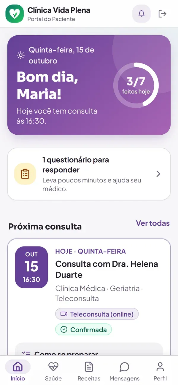 Portal do paciente com a identidade roxa