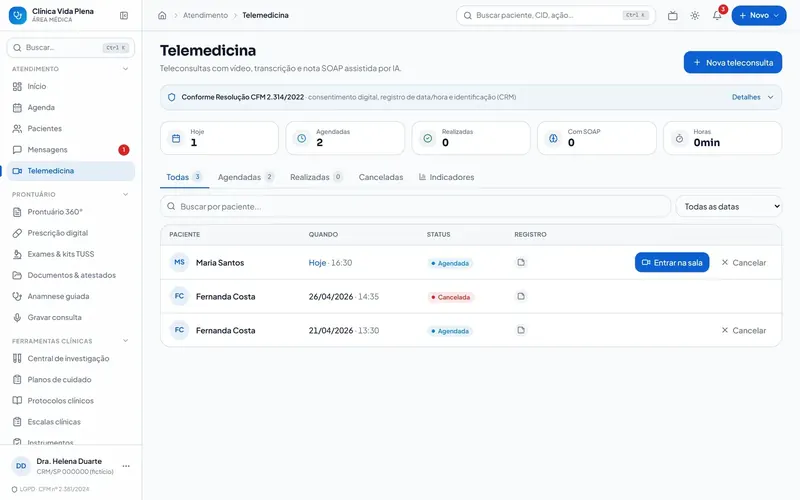 Teleconsulta do MedSaúde com sala de espera e termo