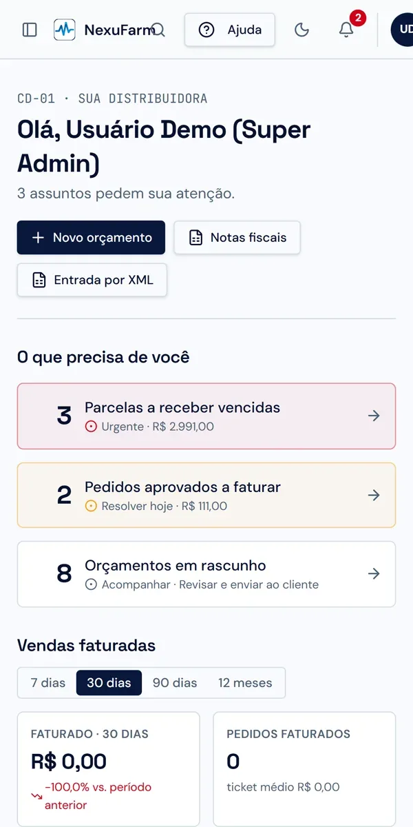 Tela inicial do NexuFarm no celular com o que precisa de atenção no dia