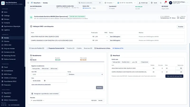 Recebimento em partes e emissão de nota fiscal no pedido do NexuFarm