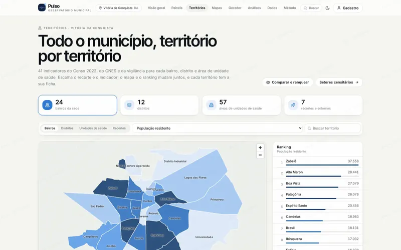 Mapa de territórios do Pulso com ranking por bairro