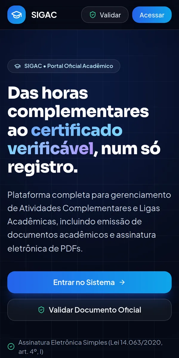 Página inicial do SIGAC no celular