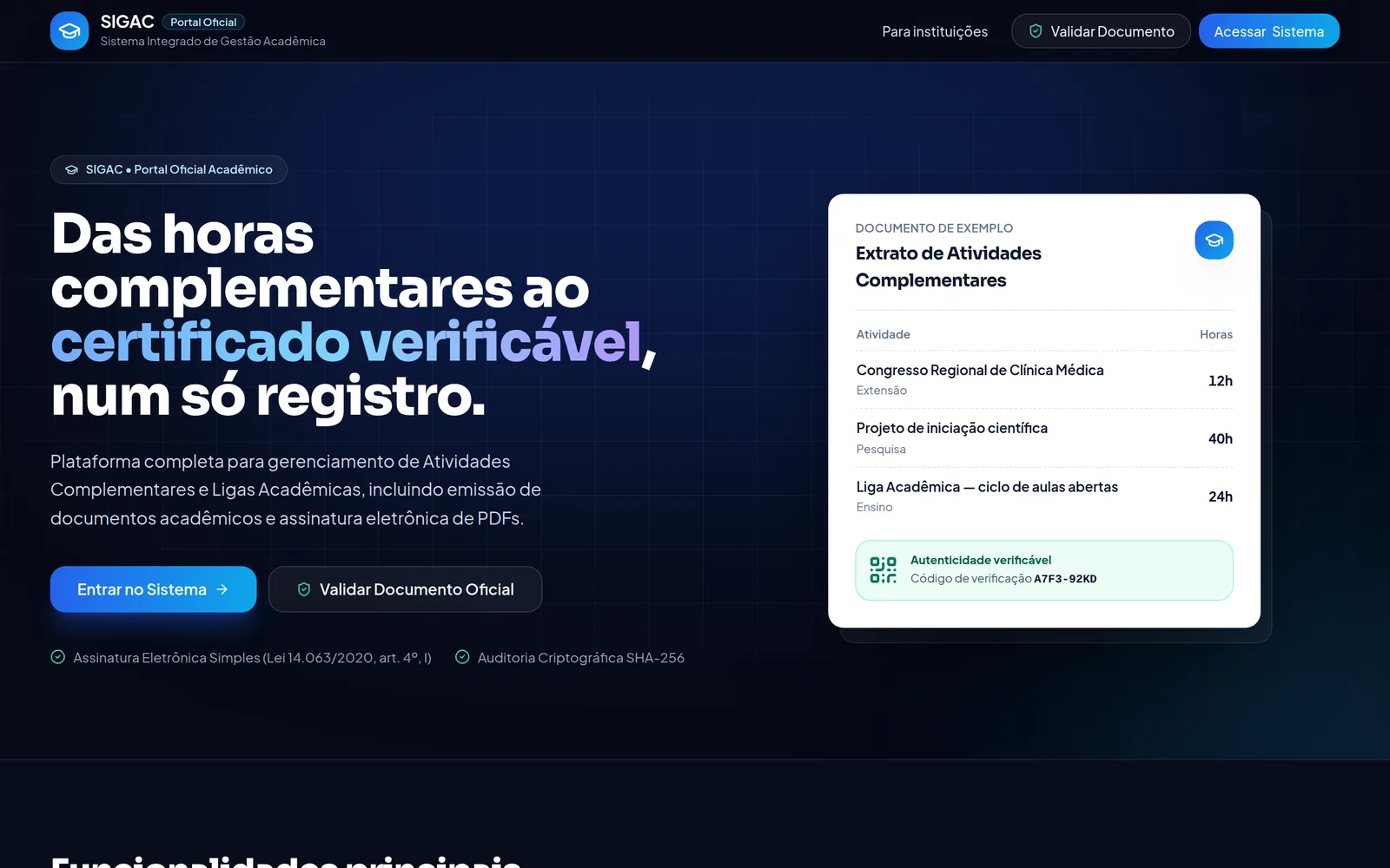 Página inicial do SIGAC com um extrato de atividades complementares e a autenticidade verificável