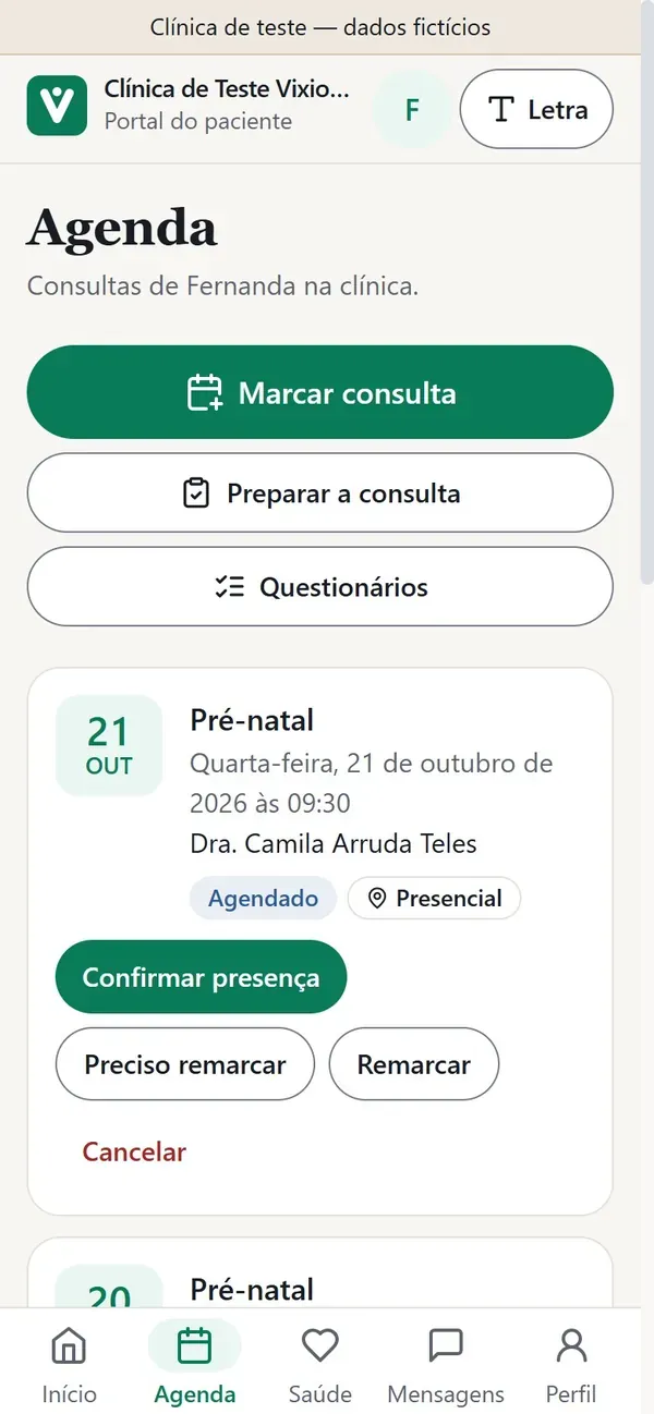 Agenda do paciente no portal do VixioMed
