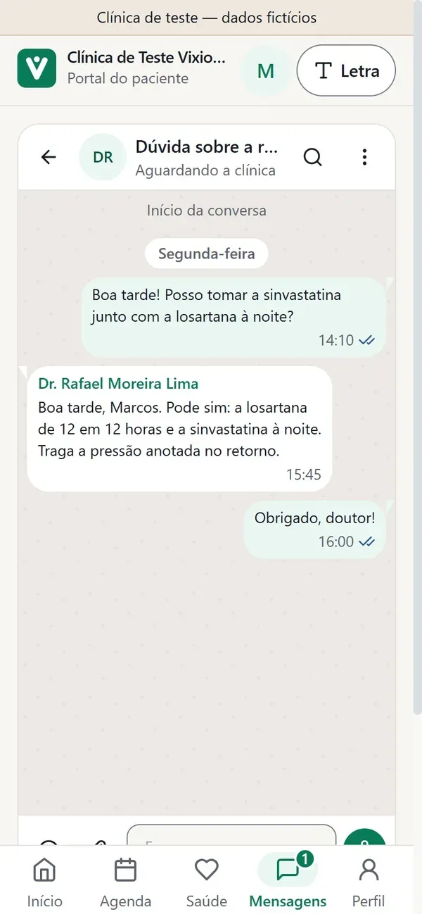 Conversa do paciente com o médico no portal do VixioMed