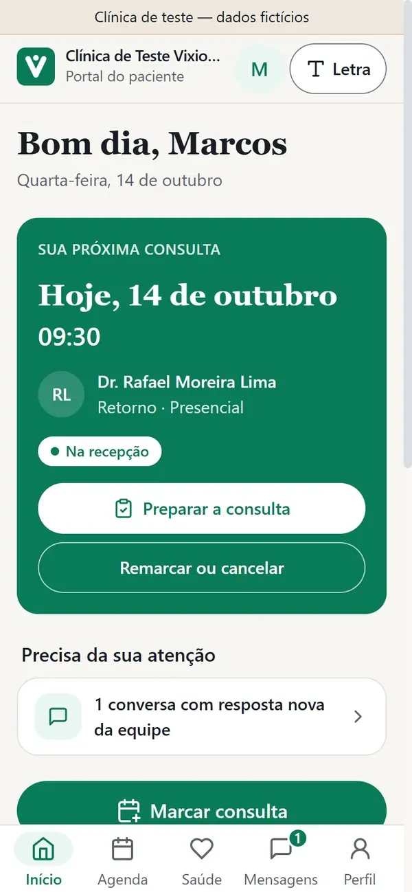 Portal do paciente do VixioMed com a próxima consulta