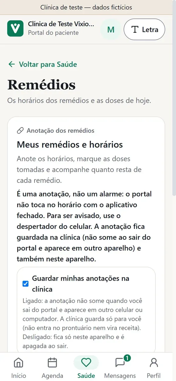 Horários dos remédios no portal do VixioMed